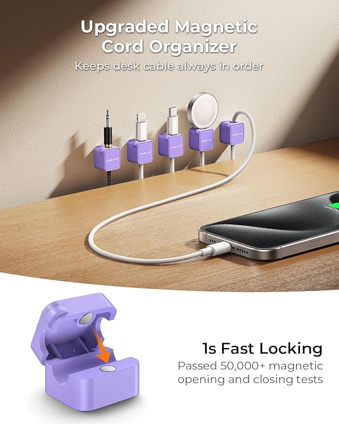 MRGLAS 10-Pack Magnetic Cable Management Cord Organizer,[1s Lock] Cable Holder Clips -Desk Cable Clips [Cable Smooth Adjustable], Adhesive Wire Organizer Keeper for Nightstand Desktop Office-Purple