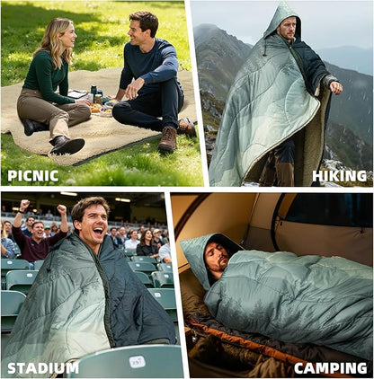 Outdoor Camping Blanket with Sherpa Lining, Extra Warm Thick Camp Blankets and Puffy Ultralight Soft Poncho DWR Camping Quilt for Cold Weather, Adventure, Sleeping, Backpacking 78"x 56"