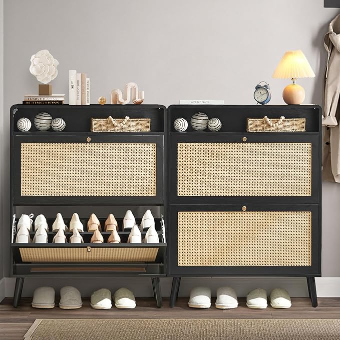 Rattan Shoe Cabinet with 2 Flip Drawers, 32 Pairs Narrow Shoe Storage Cabinet for Entryway Freestanding Hidden Shoe Rack, Modern Slim Wood Shoe Organizer for Hallway, Black