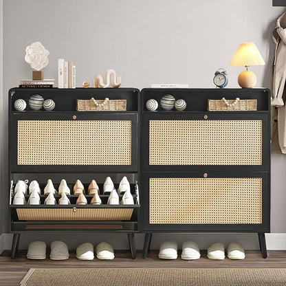 Rattan Shoe Cabinet with 2 Flip Drawers, 32 Pairs Narrow Shoe Storage Cabinet for Entryway Freestanding Hidden Shoe Rack, Modern Slim Wood Shoe Organizer for Hallway, Black