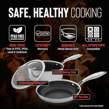 Hell's Kitchen Hybrid 3 Piece Set, 8-inch Frying Pan, 2.5 Qt Saucepan and Tempered Glass Lids, Tri-Clad Stainless Steel and PFAS-Free Ceramic Nonstick, Metal Utensil Safe, All Cooktops, Oven Safe