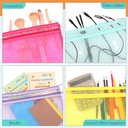 Marspark 30 Pack Bright Color Mesh Zipper Pouch Bags A4 Nylon Organizing Bags Breathable See Through Zipper Pouch with Handle for Office Games