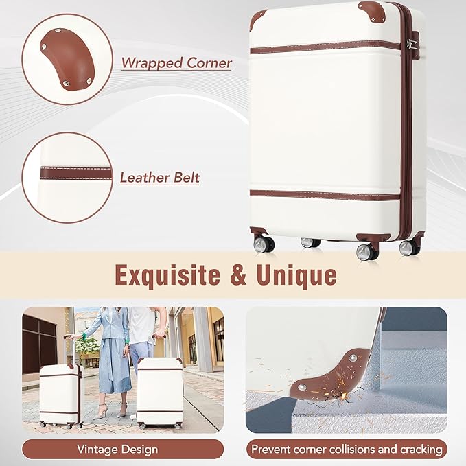 Merax 24 Inch Checked Luggage, Expandable Suitcase with Spinner Wheels, Hard Shell Vintage Luggage Set with TSA Lock(White)