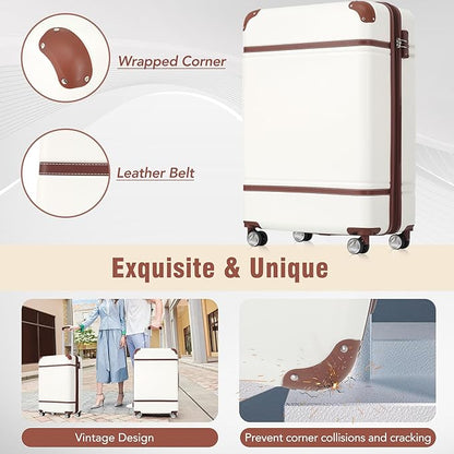 Merax 24 Inch Checked Luggage, Expandable Suitcase with Spinner Wheels, Hard Shell Vintage Luggage Set with TSA Lock(White)