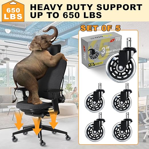 Office Chair Wheels for Casters Replacement - 3" Rubber Wheels for Computer Gaming Desk Caster Smooth & Safe Rolling for All Floors Including Hardwood and Carpet - Set of 5 - Modern