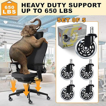 Office Chair Wheels for Casters Replacement - 3" Rubber Wheels for Computer Gaming Desk Caster Smooth & Safe Rolling for All Floors Including Hardwood and Carpet - Set of 5 - Modern