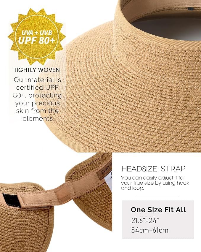 FURTALK Sun Hats for Women Wide Brim Beach Hat Straw Visor Ponytail Summer UV Packable Foldable Beach Vacation Essentials