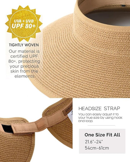 FURTALK Sun Hats for Women Wide Brim Beach Hat Straw Visor Ponytail Summer UV Packable Foldable Beach Vacation Essentials