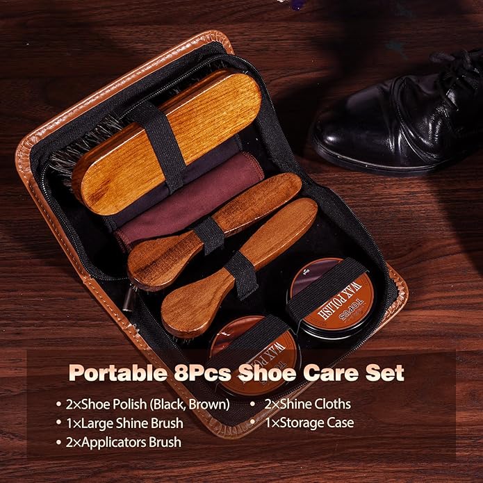 TOPUS Shoe Polish Kit Include 3 Pieces Horsehair Shoe Brushes in 6.7IN Handle, 1.4oz Black & Brown Shoe Polish & Shine Cloths