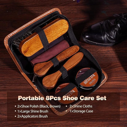 TOPUS Shoe Polish Kit Include 3 Pieces Horsehair Shoe Brushes in 6.7IN Handle, 1.4oz Black & Brown Shoe Polish & Shine Cloths