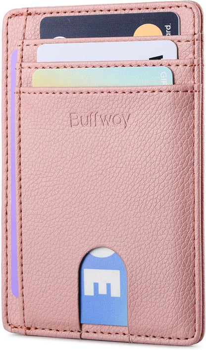 Buffway Slim Minimalist Front Pocket RFID Blocking Leather Wallets for Men and Women - Lichee Pink