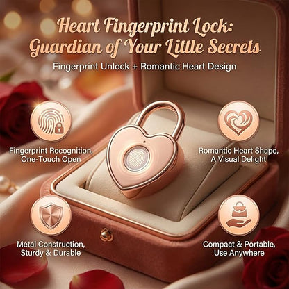 Heart Shaped Fingerprint Padlock, Small Smart Padlock for Gym Locker, Backpack, School, Mailbox, Travel Suitcase (Rose Gold)
