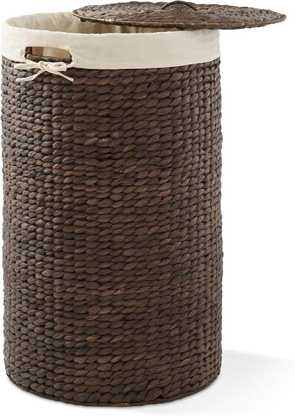 Casafield Round Laundry Hamper with Lid and Removable Liner Bag - Espresso Dark Brown, Woven Water Hyacinth Wicker Laundry Basket for Clothes, Towels