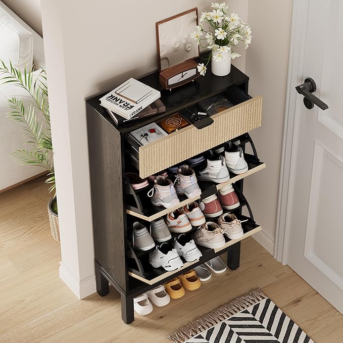 GAOMON Shoe Cabinet with 2 Flip Drawers, Entryway Cabinet with Adjustable Shelves, Accommodate 8 to 12 Pair of Shoes, Space-Saving Slim Shoe Cabinet for Entryway, Hallway, Front Door, Black Oak