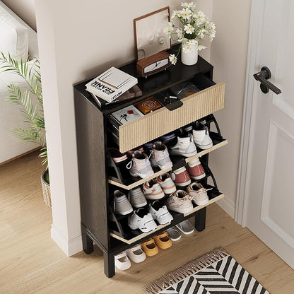 GAOMON Shoe Cabinet with 2 Flip Drawers, Entryway Cabinet with Adjustable Shelves, Accommodate 8 to 12 Pair of Shoes, Space-Saving Slim Shoe Cabinet for Entryway, Hallway, Front Door, Black Oak