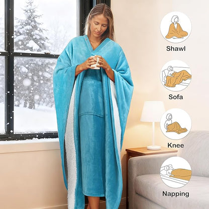 Catalonia Sherpa Wearable Blanket Poncho for Adult Women Men, Wrap Blanket Cape with Pocket, Warm, Soft, Cozy, Snuggly, Comfort Gift, No Sleeves, Aqua