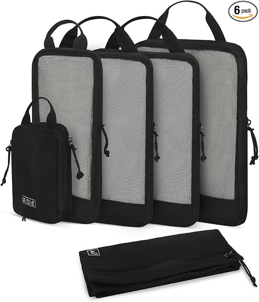 Hynes Eagle 6 Set/ 4 Set/ 2 Set Compression Packing Cubes Travel Essentials Lightweight Nylon Luggage Suitcase Organizer Bag Black 6PCS
