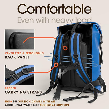 Earth Pak Waterproof Backpack - Heavy Duty Roll-Top Closure with Easy Access Front-Zippered Pocket and Cushioned Padded Back Panel for Comfort with IPX8 Waterproof Phone Case, Blue, 85L, Messenger Bag