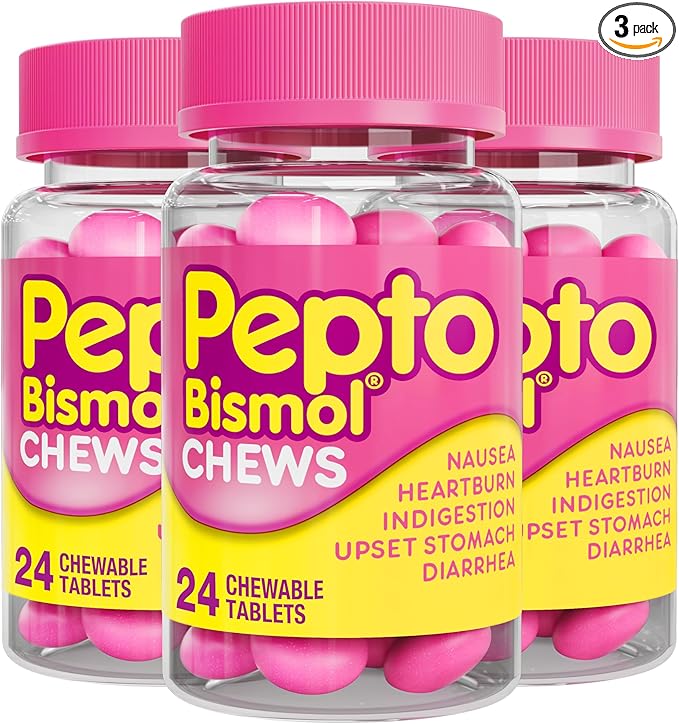 Pepto Bismol Chews, Upset Stomach Relief, Nausea Relief, Heartburn Relief, Indigestion Relief, Anti Diarrhea Medication for Adults - 5 Symptom Fast Relief, 72 Chewable Tablets (3x24 ct)