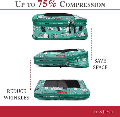 LeanTravel Compression Packing Cubes for Travel Organizers with Double Zipper (6-Pack (2L+2M+2S), Green Cactus)