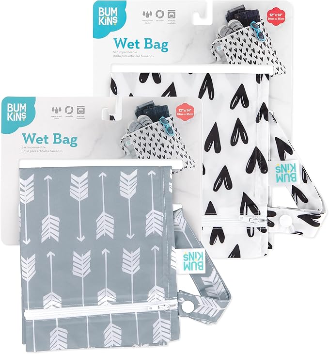 Bumkins - Waterproof Wet Bag - For Baby, Travel, Swim Suit, Cloth Diapers, Pump Parts, Pool, Gym, Toiletry, Strap to Stroller - Reusable & Easy to Clean - 2pk - Arrows & Hearts