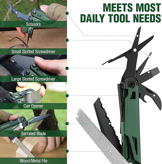 FLISSA Multitool, 15-in-1 Multi Tool Pocket Knife with Sheath, Stainless Steel EDC Multitool Pliers for Men, All-in-One Tools for Camping, Fishing, Survival – Ideal Christmas Gift for Man