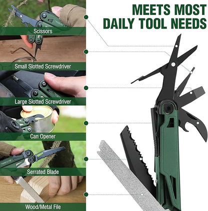 FLISSA Multitool, 15-in-1 Multi Tool Pocket Knife with Sheath, Stainless Steel EDC Multitool Pliers for Men, All-in-One Tools for Camping, Fishing, Survival – Ideal Christmas Gift for Man