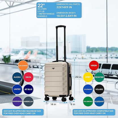 Flight Knight Carry On Suitcase Hardside Built In TSA Lock & USB Port Silent Double Spinner Wheels Maximum Overhead Carry-On Bag For American & United Approved Airlines(22x14x9,Champagne)