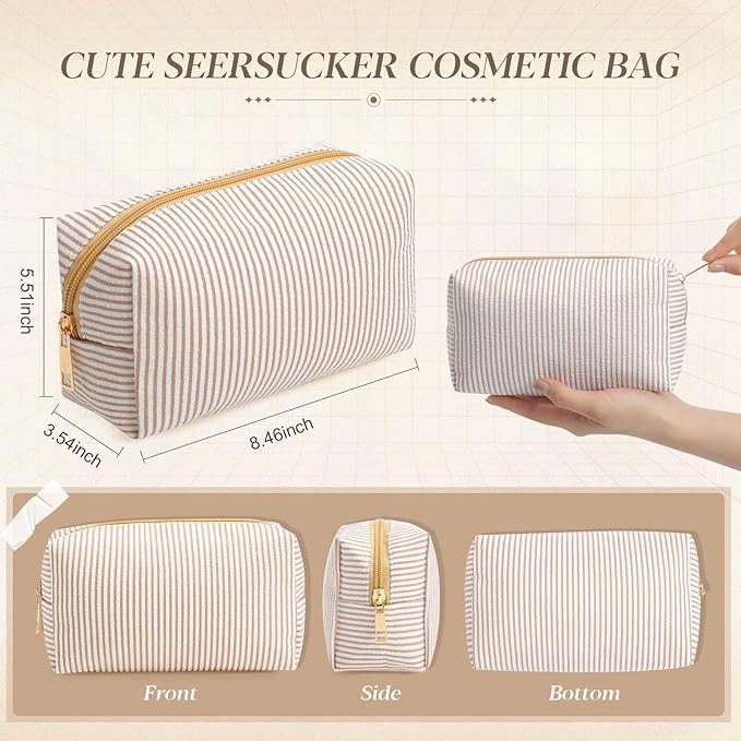 Sanwuta 6 Pcs Seersucker Cosmetic Bags Bulk Seersucker Makeup Bags Stripe Women Pouch Large Preppy Storage Pouch Toiletry Travel Organizer for Wedding Bridesmaid Bride Favor Mom Gift (Khaki)