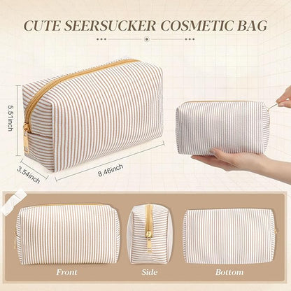 Sanwuta 6 Pcs Seersucker Cosmetic Bags Bulk Seersucker Makeup Bags Stripe Women Pouch Large Preppy Storage Pouch Toiletry Travel Organizer for Wedding Bridesmaid Bride Favor Mom Gift (Khaki)