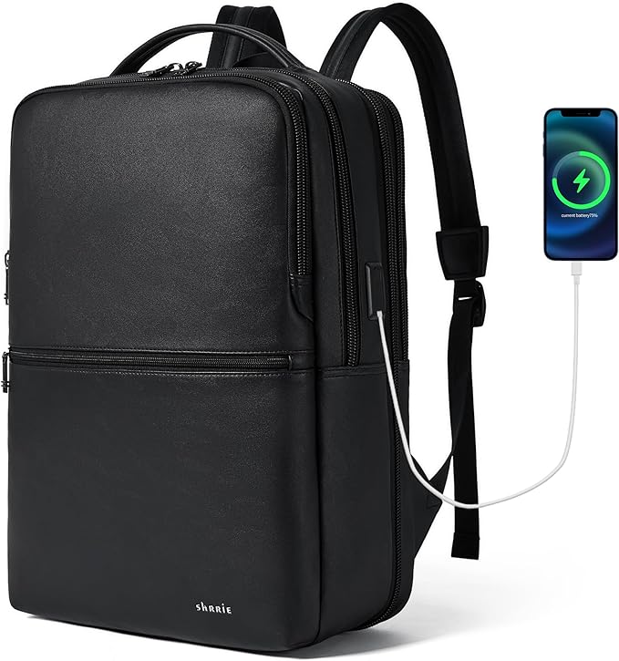 Shrrie Vegan Leather Laptop Backpack for Women&Men,16 Inch Expandable Backpack with USB Charging Port,Two-toned Black