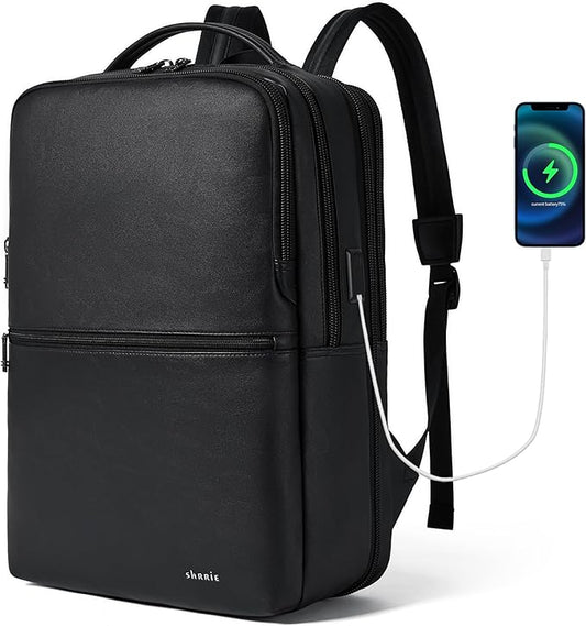 Shrrie Vegan Leather Laptop Backpack for Women&Men,16 Inch Expandable Backpack with USB Charging Port,Two-toned Black