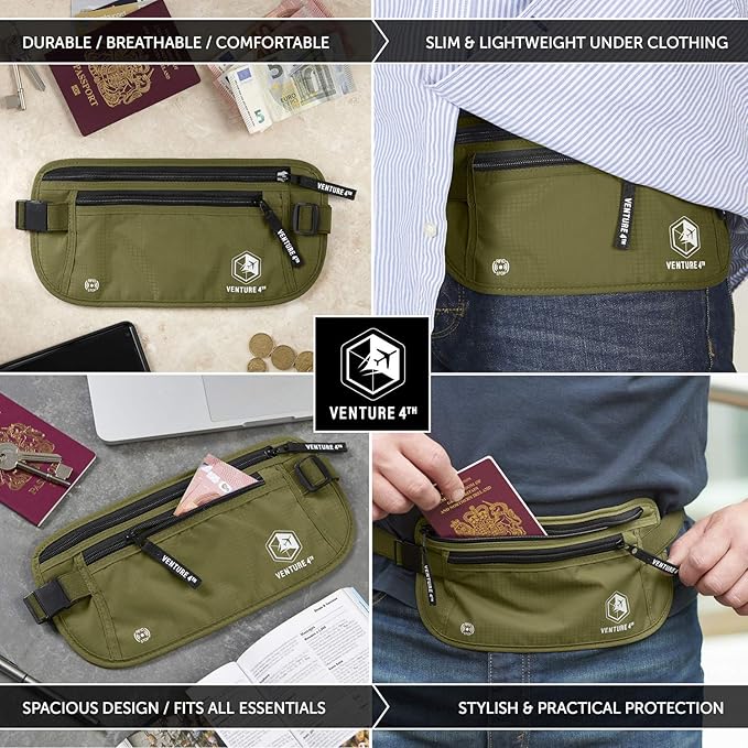 VENTURE 4TH Money Belt for Travel – Hidden Under-Clothes RFID Blocking Passport Holder & Slim Travel Wallet Pouch for Men & Women to Protect Cash, Cards & Documents (Green)