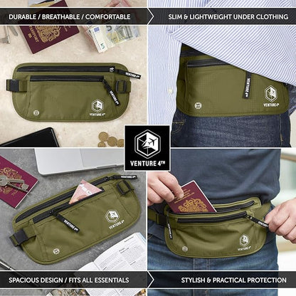 VENTURE 4TH Money Belt for Travel – Hidden Under-Clothes RFID Blocking Passport Holder & Slim Travel Wallet Pouch for Men & Women to Protect Cash, Cards & Documents (Green)