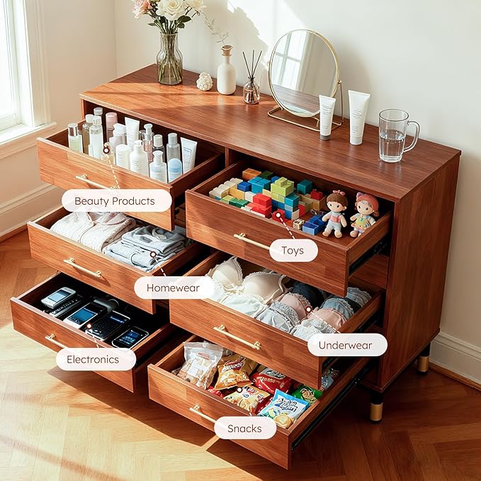 Walnut Dresser for Bedroom, 6 Drawer Brown Wood Dresser with Modern Storage Organizer, Wide Chest of Drawers for Closet, Clothes, Living Room