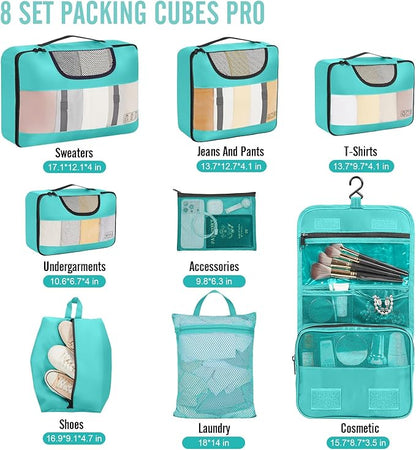 Veken 8 Set Packing Cubes for Kids, Travel Essentials Suitcase Organizer Bags in 4 Sizes, Carry-On Luggage Accessories with Laundry & Hanging Toiletry Bag, Must-Have for Airplane, Road Trip & Camping