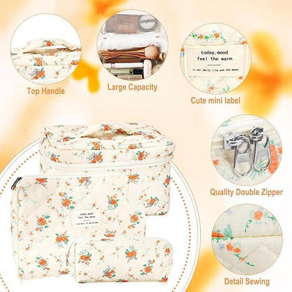 3Pcs Cotton Quilted Makeup Bag for Women Girls Large Small Travel Floral Cosmetic Bags Set Cute Coquette Zipper Makeup Pouch for Purse Aesthetic Cloth Flower Storage Toiletry Bag Organizer