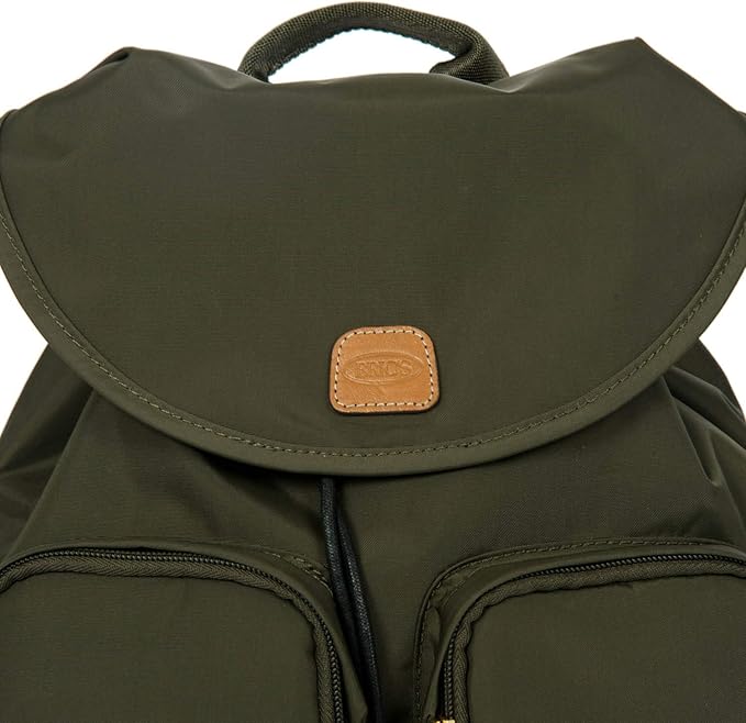 Bric's X-Travel Piccolo City Backpack 10", Water-Resistant Satin Nylon Daypack with Leather Details, Drawstring Closure, Adjustable Straps and Multi-Pocket Organization - Olive