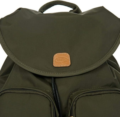 Bric's X-Travel Piccolo City Backpack 10", Water-Resistant Satin Nylon Daypack with Leather Details, Drawstring Closure, Adjustable Straps and Multi-Pocket Organization - Olive