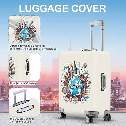 ANNA QUEEN Travel Around the World Luggage Cover, Colorful Landmark Suitcase Protector with Airplane & Globe Design, Stretchable, Washable Travel Sleeve for 28-30 Inch Luggage