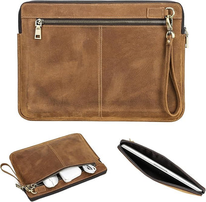 Top Grain Leather 14.2" Slim Laptop Sleeve Case Bag, Vintage Design with 2 Zip Pockets, Handmade, Compatible with MacBook Pro 14" 2021 2022 M1 Pro/M1 Max A2442 & Other PC, Brown 14.2 Inch