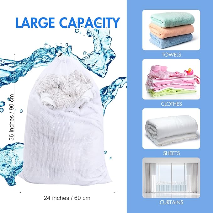 Berlune 30 Pack Large Mesh Laundry Bags, 24 x 36 Inch Bulk Wash Set with Drawstring for Commercial Use, Dorms, Vacation Rentals, Laundromats, Apartments & Facilities(Black, White)