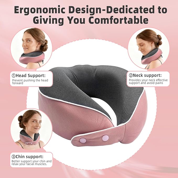 Memory Foam Travel Neck Pillow - with Portable Storage Case, 360° Ergonomic Support for Airplanes & Office, Compact & Portable (Pink)