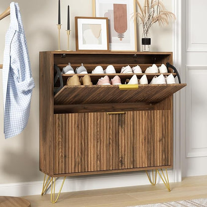 Shoe Storage Cabinet with 2 Flip Drawers, 31.5" W Fluted Shoe Cabinet for Entryway, Hidden Shoe Cabinet Storage, Narrow Free Standing Shoe Orgnaizer Rack Cabinet for Foyer Hallway, Natural