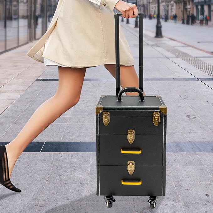 Rolling Makeup Case w/ 2 Keys, 3-tier Lockable Makeup Train Case w/ Drawers, Removable Baffle Nail Polish Organizer, Travel Cosmetic Case w/ 17.7in Telescopic Rod, 14.2*9*19.3in, Bronze Latch+Black