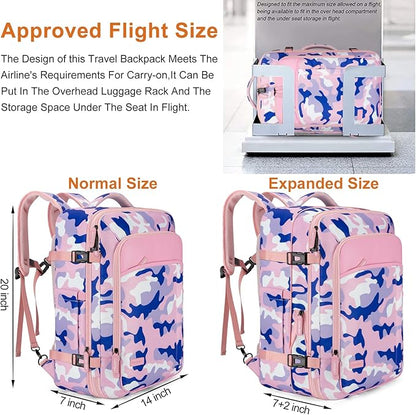 Lumesner Carry on Travel Backpacks, Extra Large 40L Flight Approved for Men & Women,Expandable Suitcase backpack (Camouflage Pink(Backpack With 4 Packing Cubes))