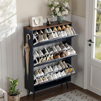 Shoe Organizer Cabinet Narrow with 3 Flip Drawers Shoe Rack Cabinet Hidden Slim Freestanding Shoe Storage Cabinet 24 Shoes for Entryway,Living Room, Blue Walnut