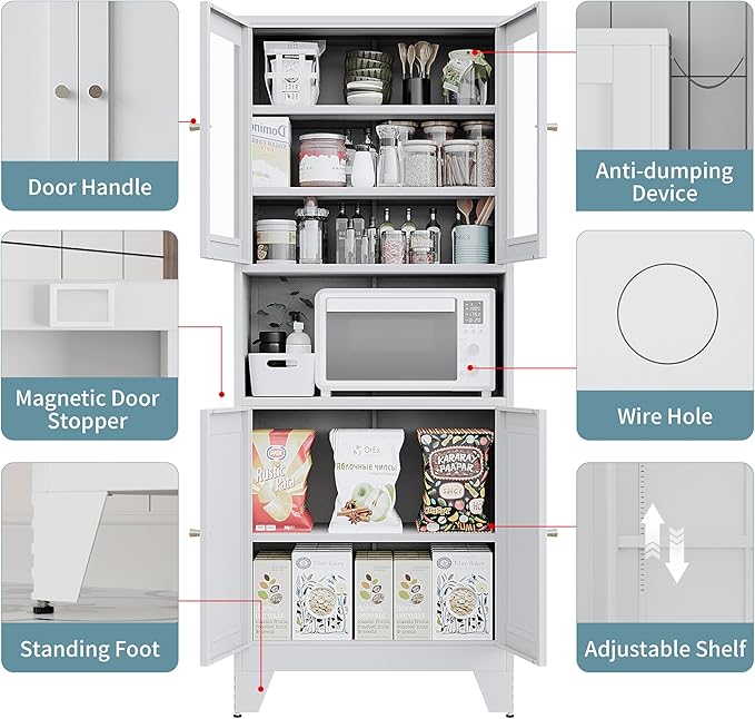 69" Tall Modern Metal Pantry Cabinet with Microwave Stand, Freestanding Linen Cabinet for Bathroom, Kitchen, Dining & Living Room, Kitchen Hutch & Coffee Bar(Glass)