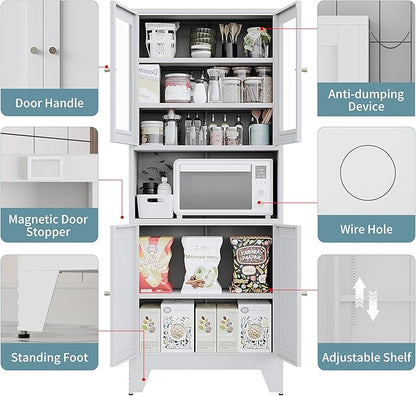 69" Tall Modern Metal Pantry Cabinet with Microwave Stand, Freestanding Linen Cabinet for Bathroom, Kitchen, Dining & Living Room, Kitchen Hutch & Coffee Bar(Glass)