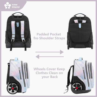NEW TILAMI 20" Rolling Backpack for Teens Adults, Climbing Stairs Waterproof Backpack with Wheels for School Business Trave Camping with Laptop Compartment, Fit 17 Inch Laptop, Pink Blue